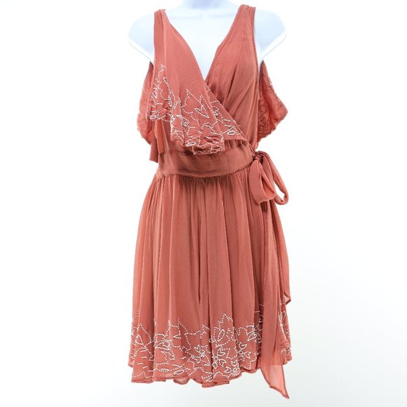 Free People Dresses & Skirts - Free People Sylvia Beaded Wrap Dress Size L Samon/White